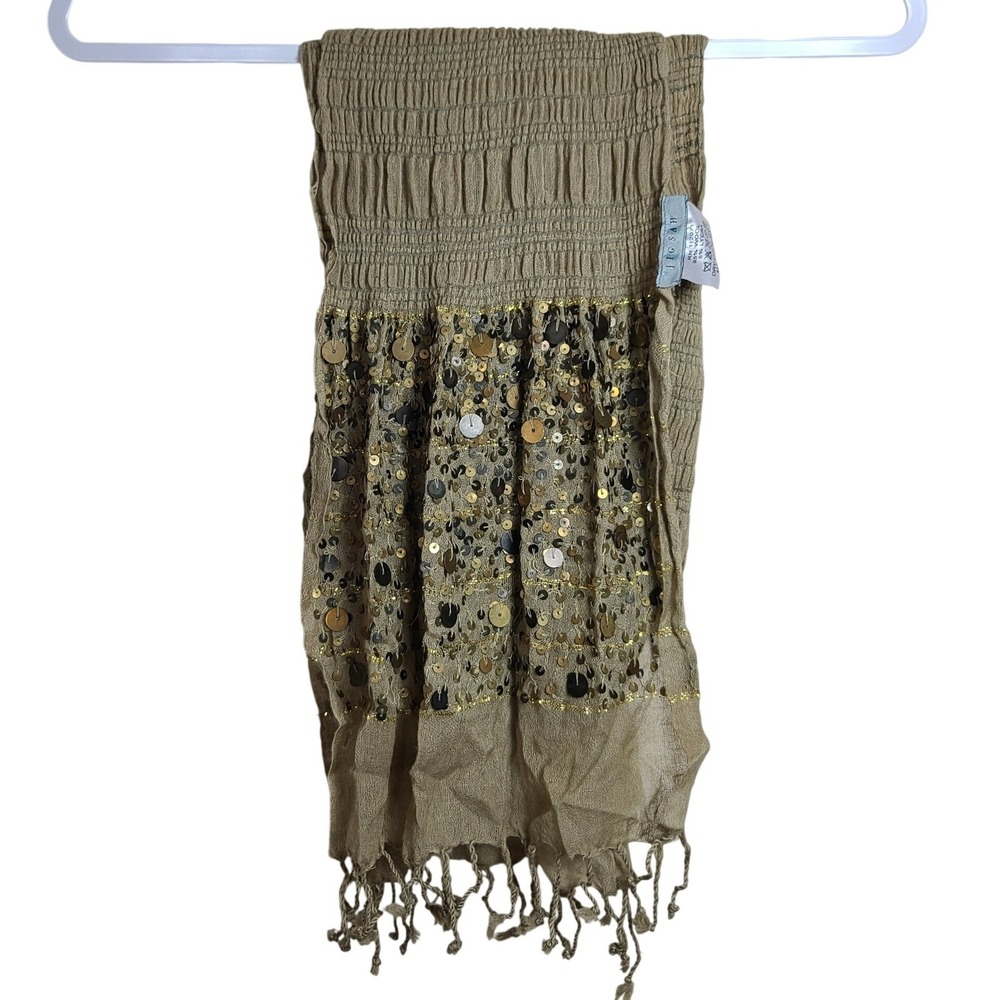 JIGSAW Stone Brown Wool Blend Scarf Fringe Sequins Gypsy Festival Global Artisan